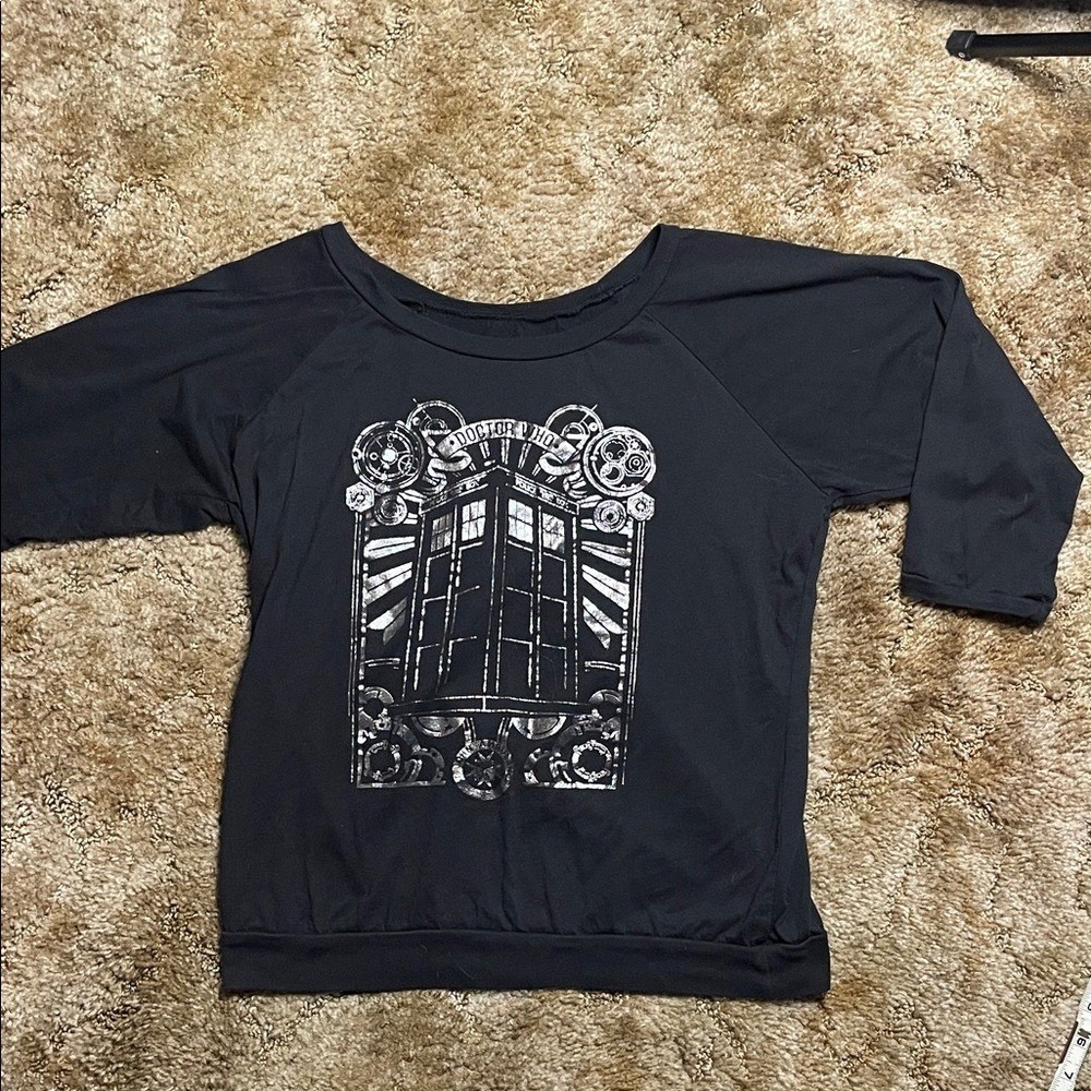 Doctor Who Tardis 3/4 Length Sleeve Shirt Juniors L Black/Silver Foil Pullover